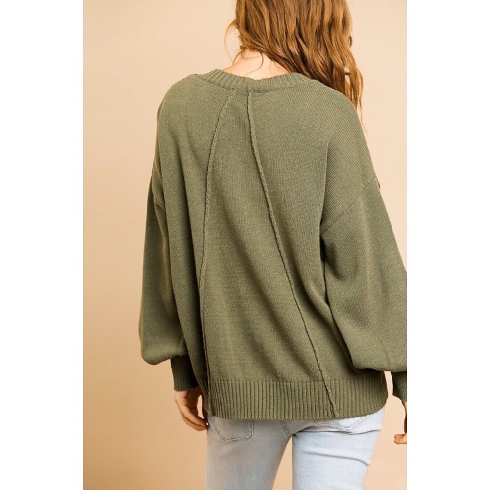 💕 Olive Green Puff Sleeve Cardigan Sweater - Picture 5 of 5